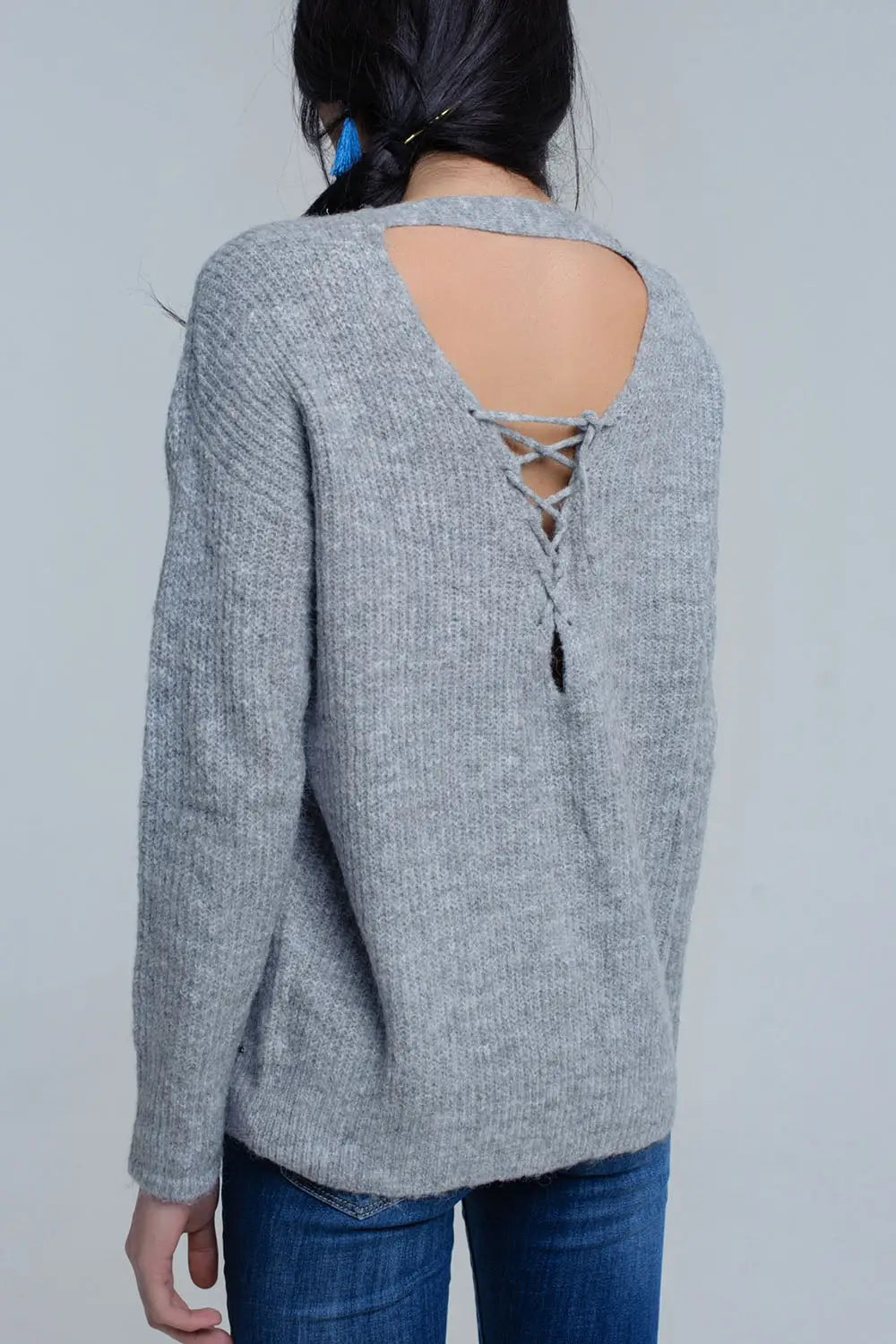 Gray knitted sweater with tie-back closure - Sweaters