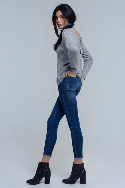 Gray knitted sweater with tie-back closure - Sweaters