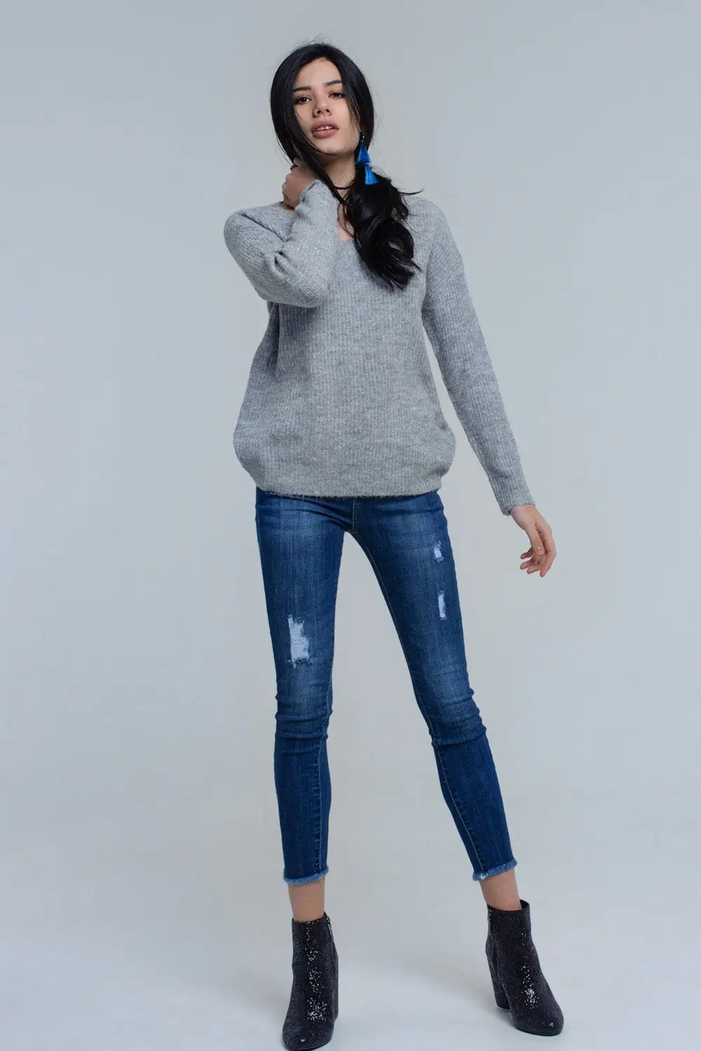 Gray knitted sweater with tie-back closure - Sweaters
