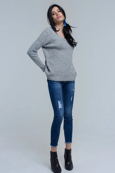 Gray knitted sweater with tie-back closure - Sweaters