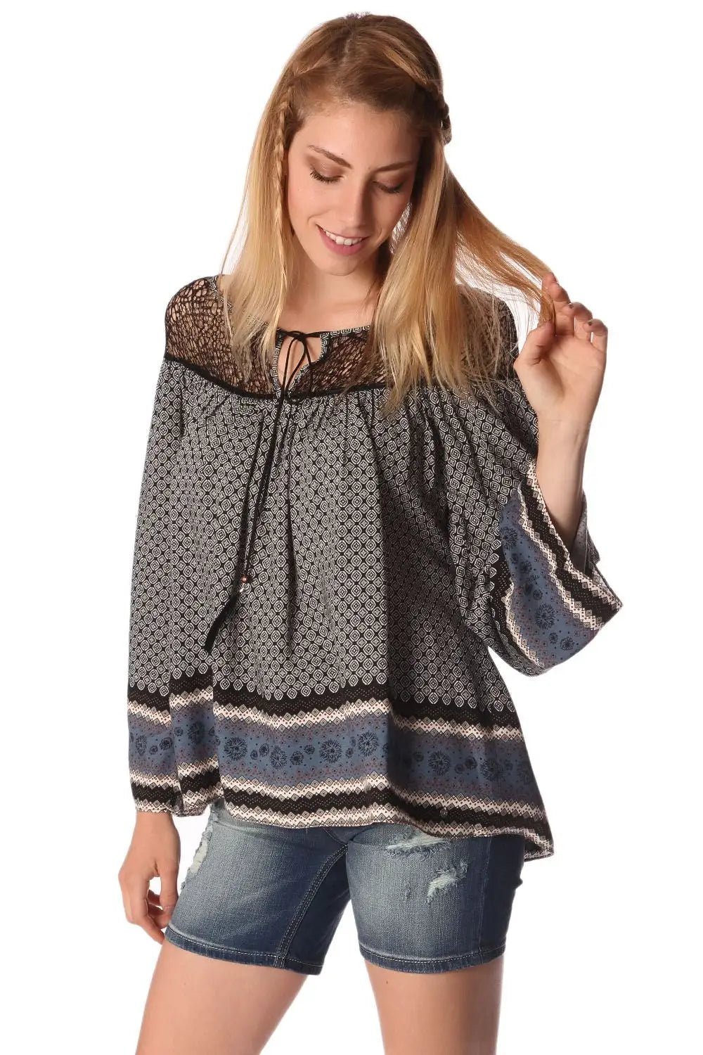 Gray paisley print blouse with cage detail - Shirts