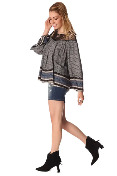Gray paisley print blouse with cage detail - Shirts