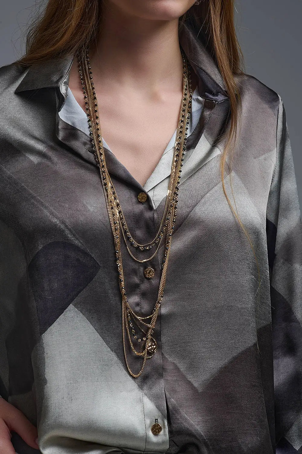 Q2 gray satin shirt with geometric print