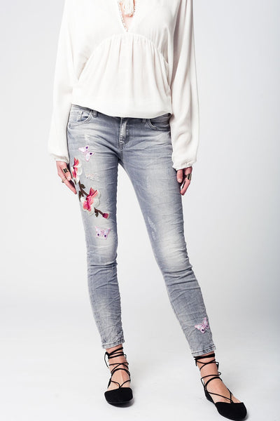 Q2 Gray slim denim embroidered jeans