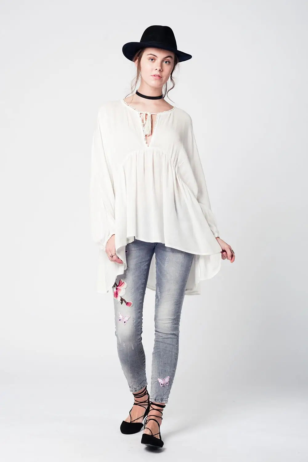 Gray slim denim embroidered jeans - Jeans