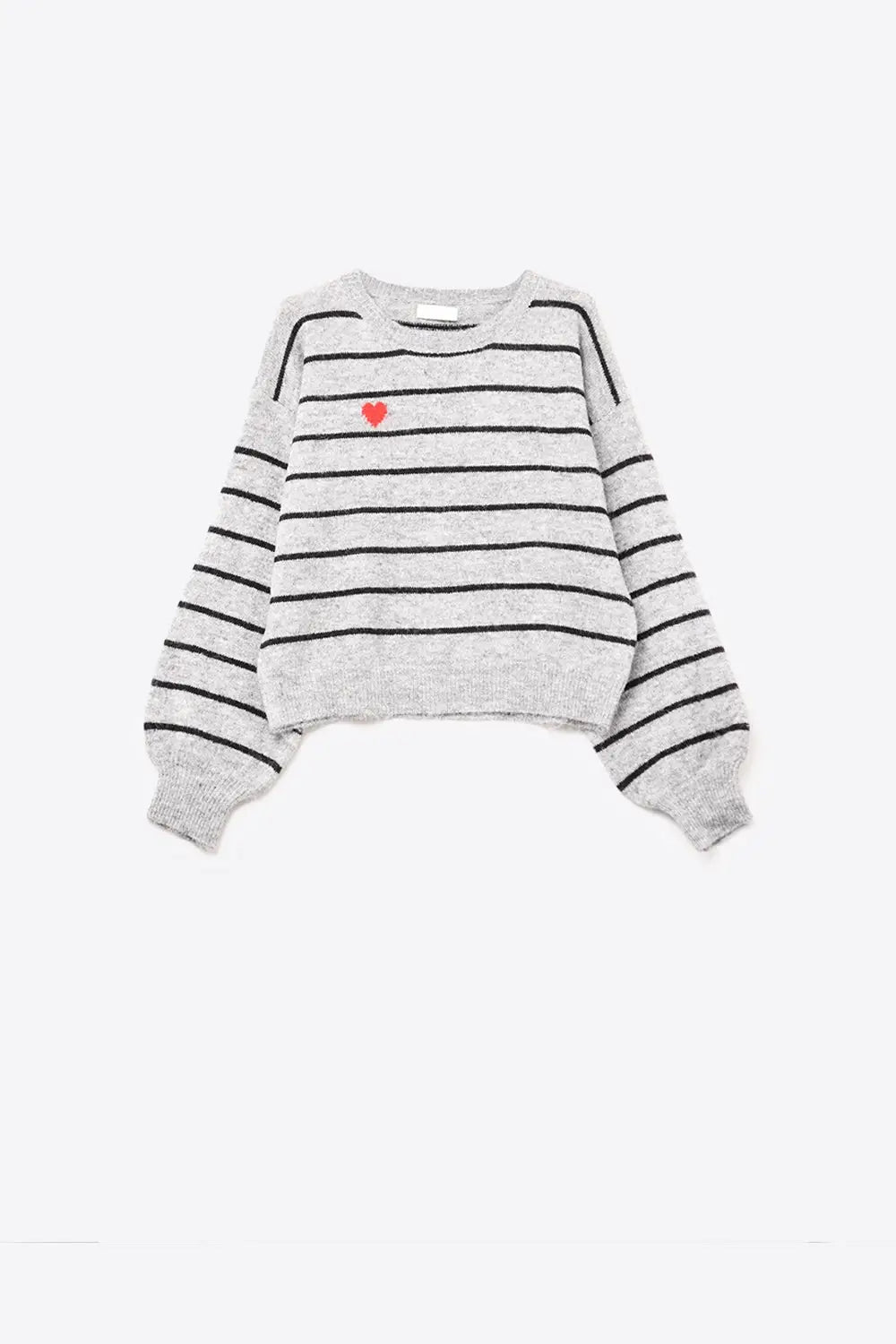 Q2 gray striped knit sweater with red heart detail