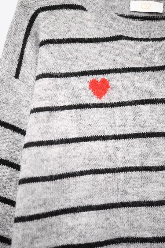 gray striped knit sweater with red heart detail - One Size / Grey