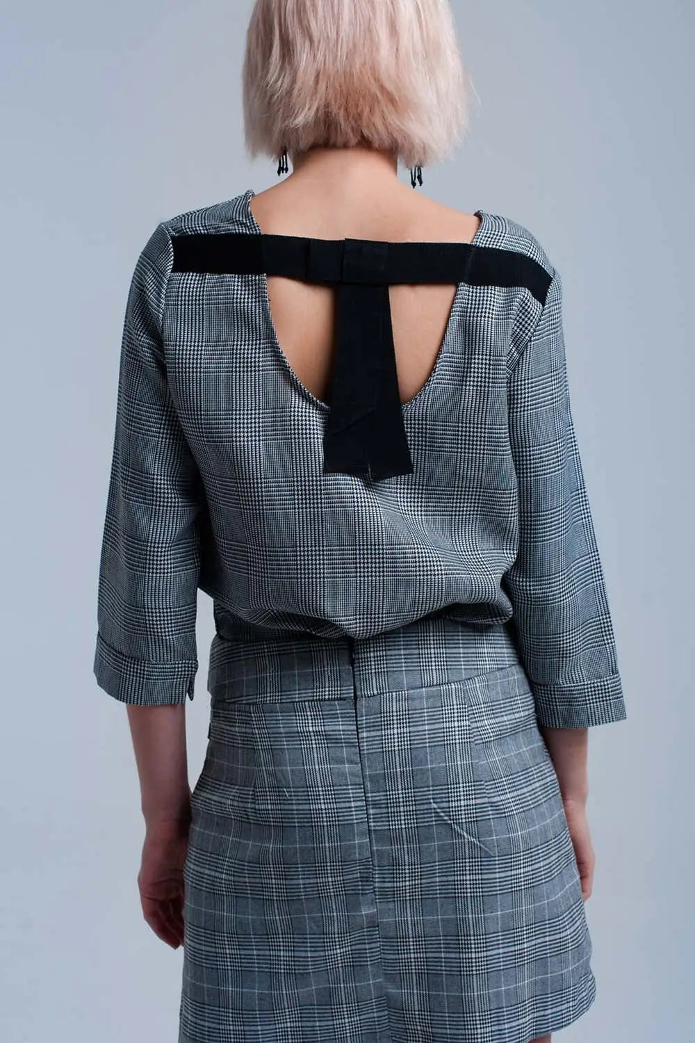 Gray tartan pattern top with ribbons - Shirts