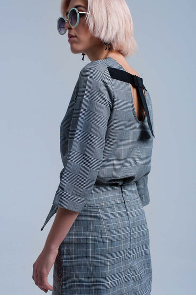 Q2 Gray tartan pattern top with ribbons