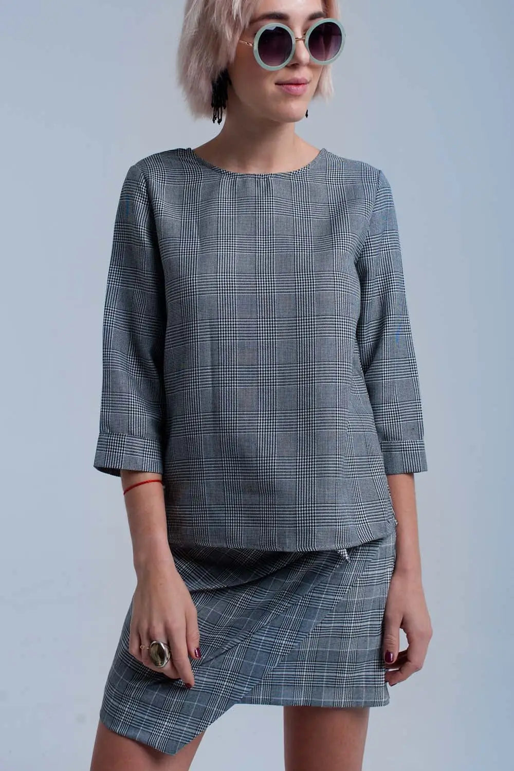 Gray tartan pattern top with ribbons - Shirts