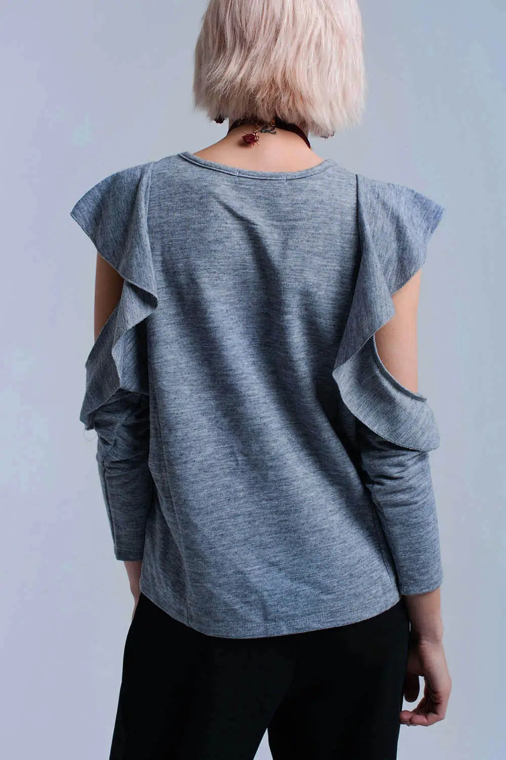 Gray top with ruffle and open detail - Shirts
