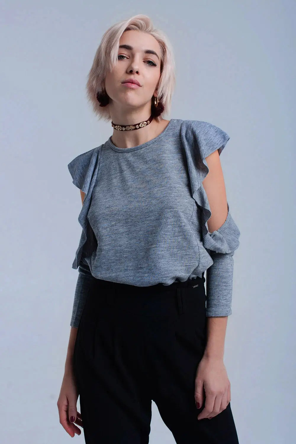 Gray top with ruffle and open detail - Shirts