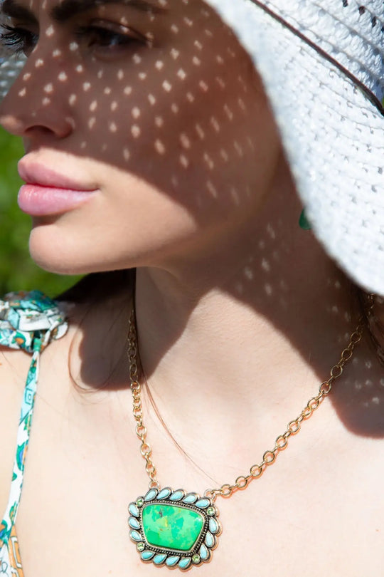 Legacy Lime Green and Blue Turquoise Golden Pendant Necklace - Necklaces