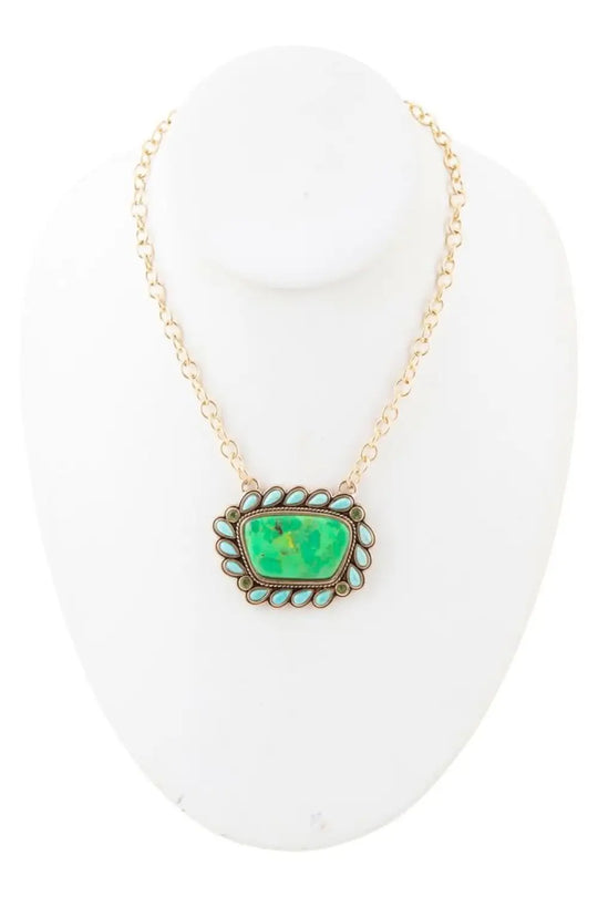 Legacy Lime Green and Blue Turquoise Golden Pendant Necklace - Necklaces