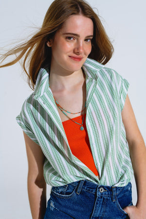 Q2 Green Blouse With Vertical Stripes And Short Sleeves