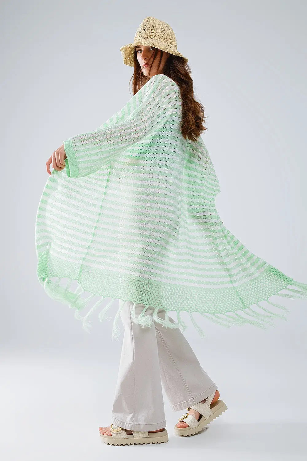 Q2 Green Boho Style Cardigan With Stripes Pointelle Knit and Fringe Details