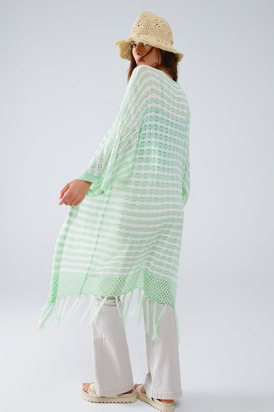 Green Boho Style Cardigan With Stripes Pointelle Knit and Fringe Details