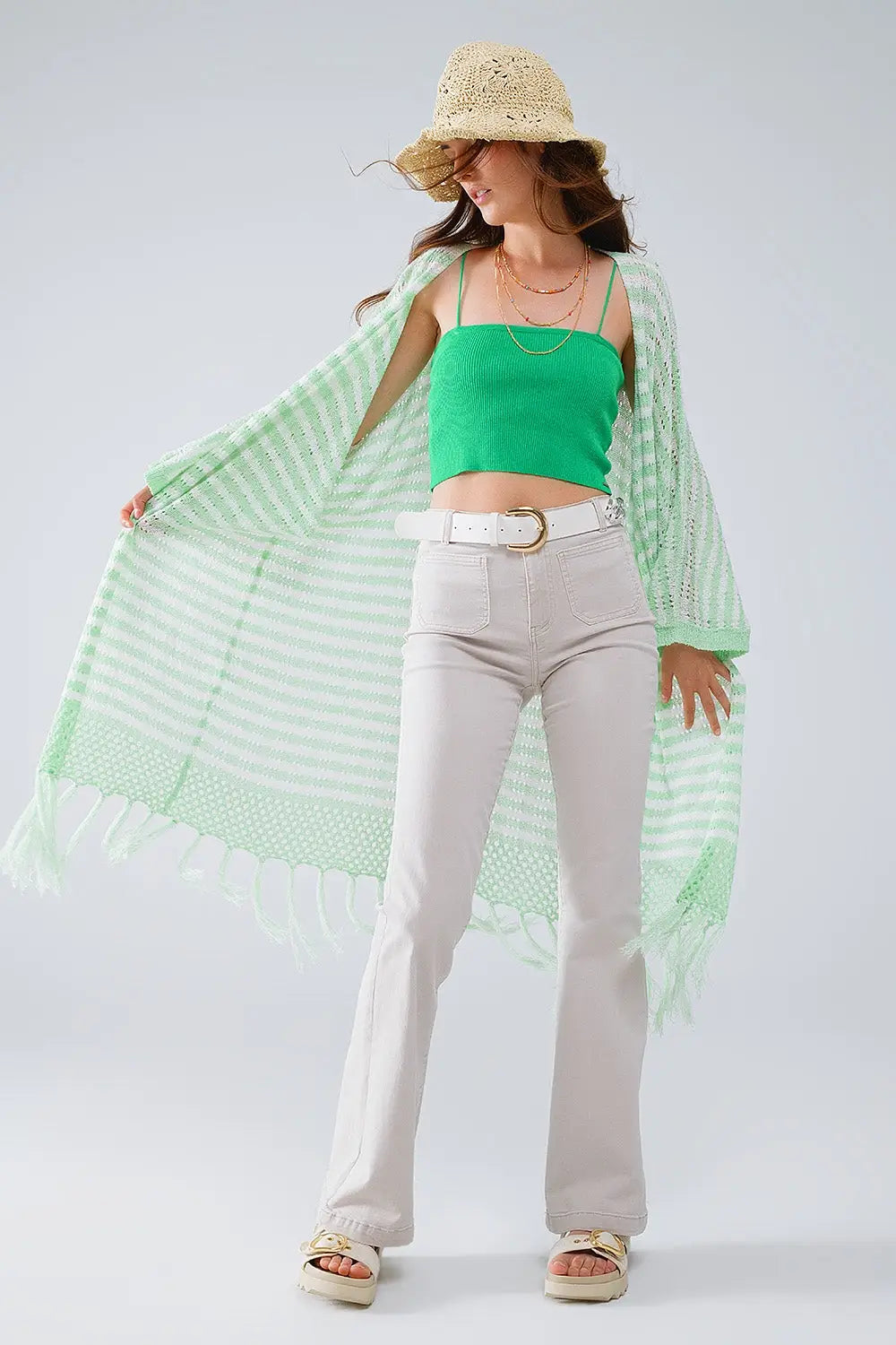 Green Boho Style Cardigan With Stripes Pointelle Knit and Fringe Details - One Size / Green - Sweaters