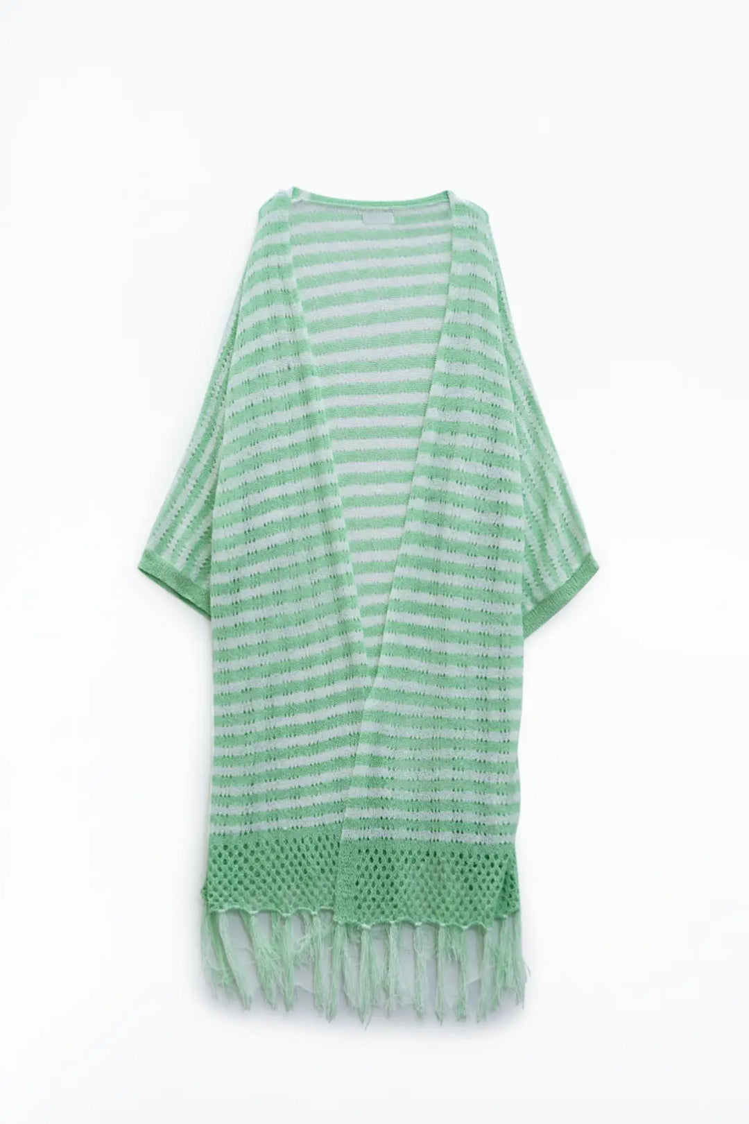 Green Boho Style Cardigan With Stripes Pointelle Knit and Fringe Details - One Size / Green - Sweaters