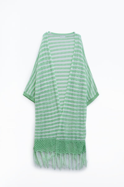 Green Boho Style Cardigan With Stripes Pointelle Knit and Fringe Details