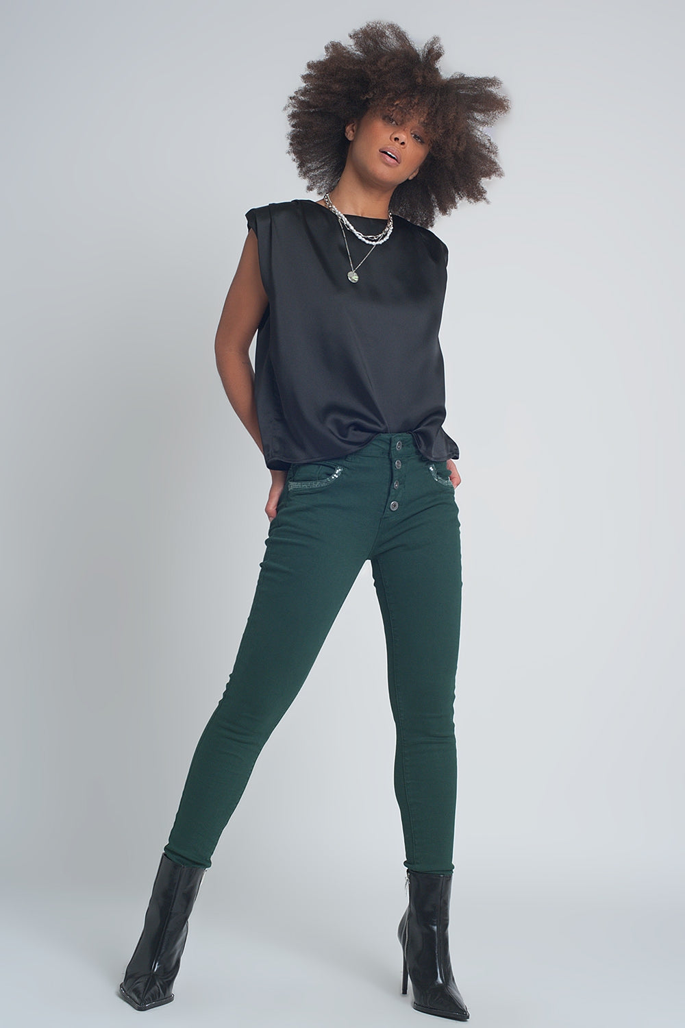 Green boyfriend Pants with sequin pocket detail