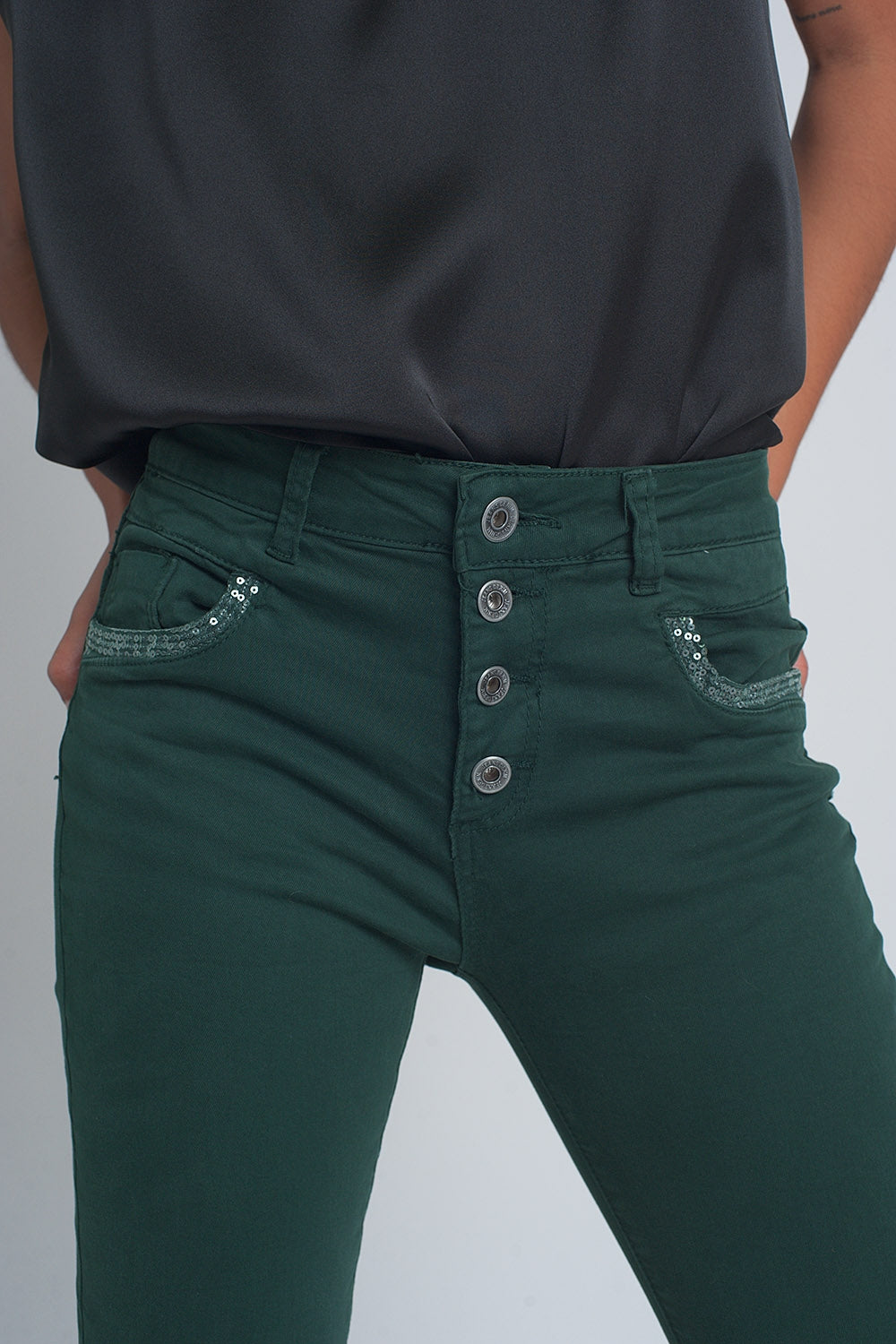 Green boyfriend Pants with sequin pocket detail