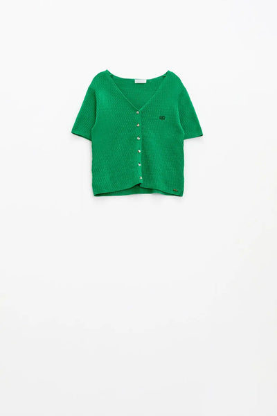 Green cardigan with short sleeves and front closure with button - Sweaters