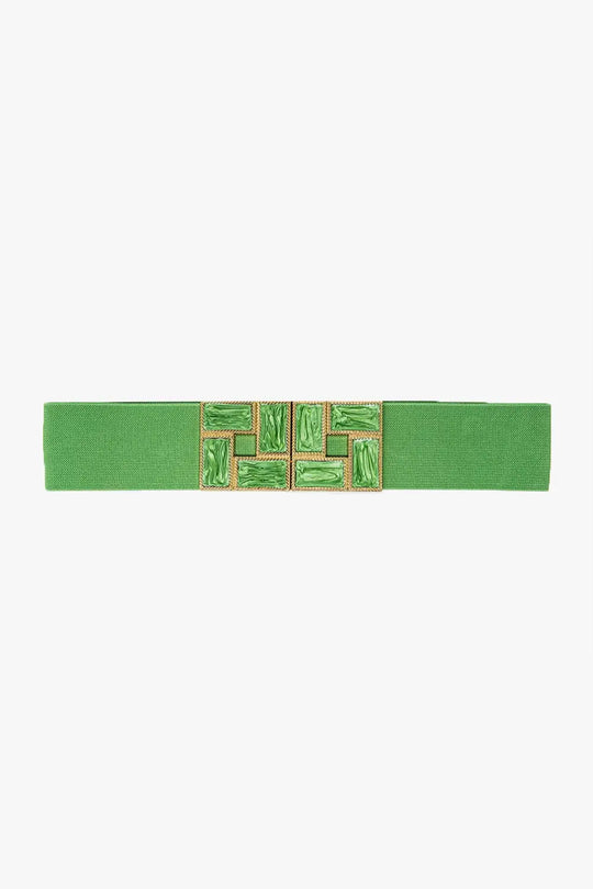Q2 Green Elastic Belt With Squared Marbled Buckles And Gold Details