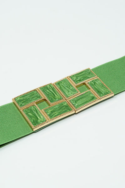 Green Elastic Belt With Squared Marbled Buckles And Gold Details