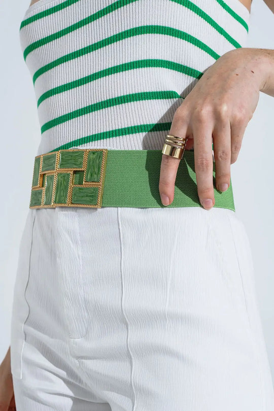 Green Elastic Belt With Squared Marbled Buckles And Gold Details - One Size / Green - Accesory