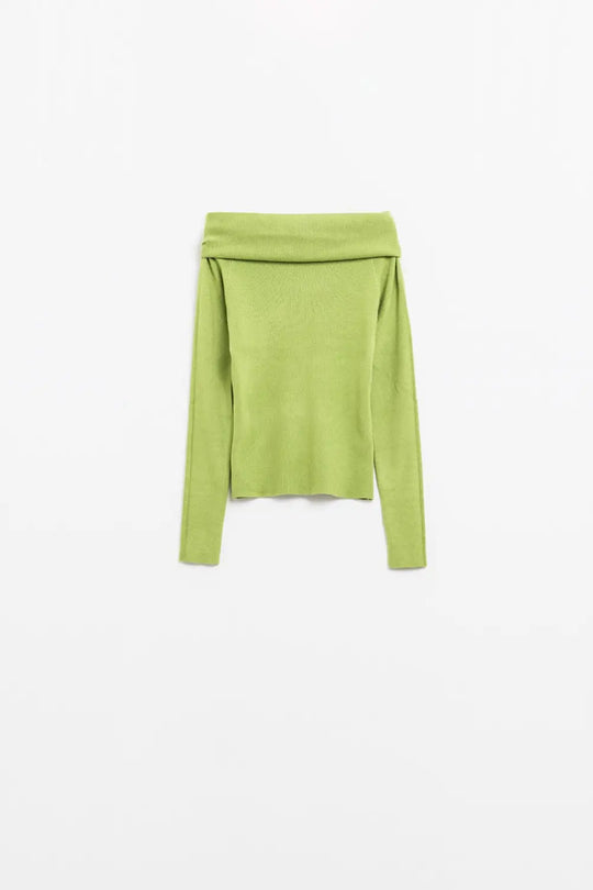 Q2 green fine knit sweater with wide boat neck