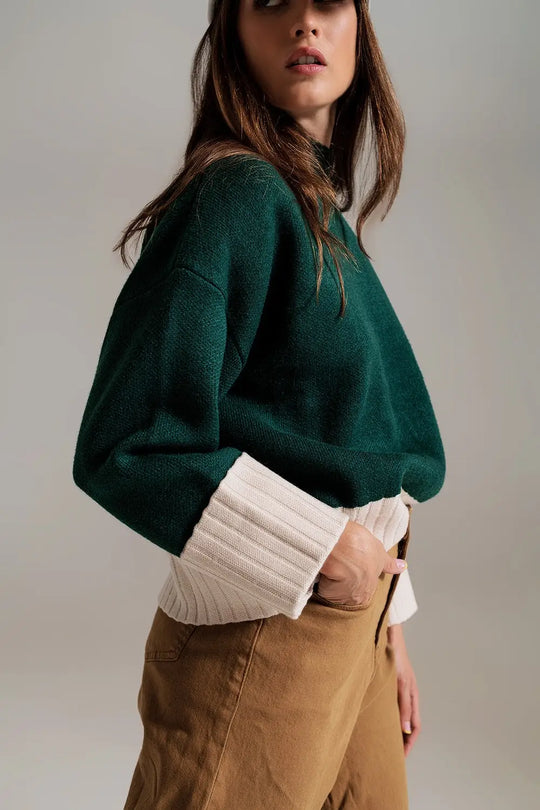 green jumper with white ribbed cuffs and hem - Sweaters