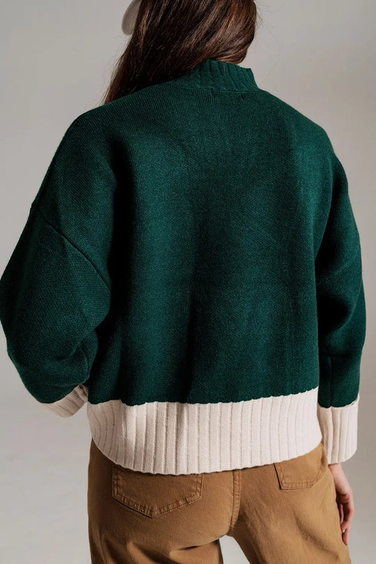 green jumper with white ribbed cuffs and hem - Sweaters