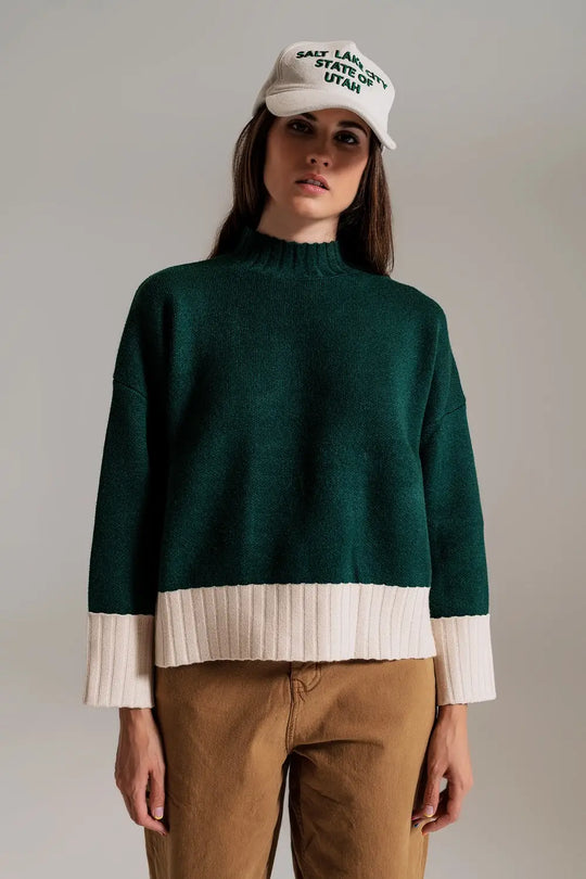 green jumper with white ribbed cuffs and hem - Sweaters