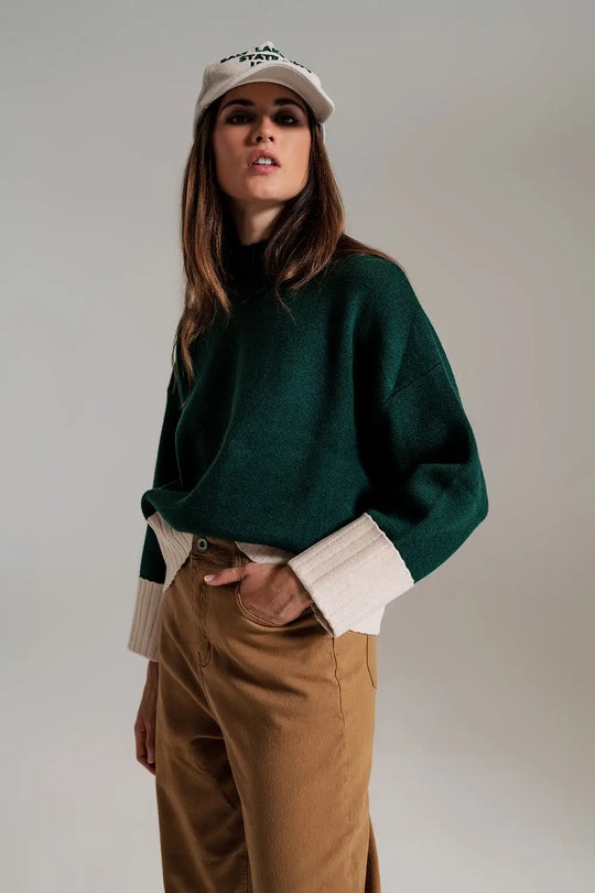 green jumper with white ribbed cuffs and hem - Sweaters