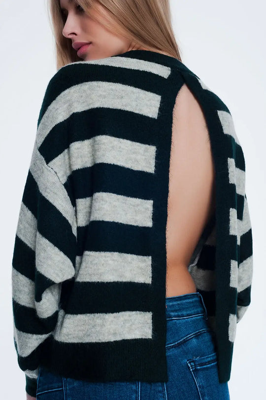 Green knitted sweater with grey stripes - Sweaters