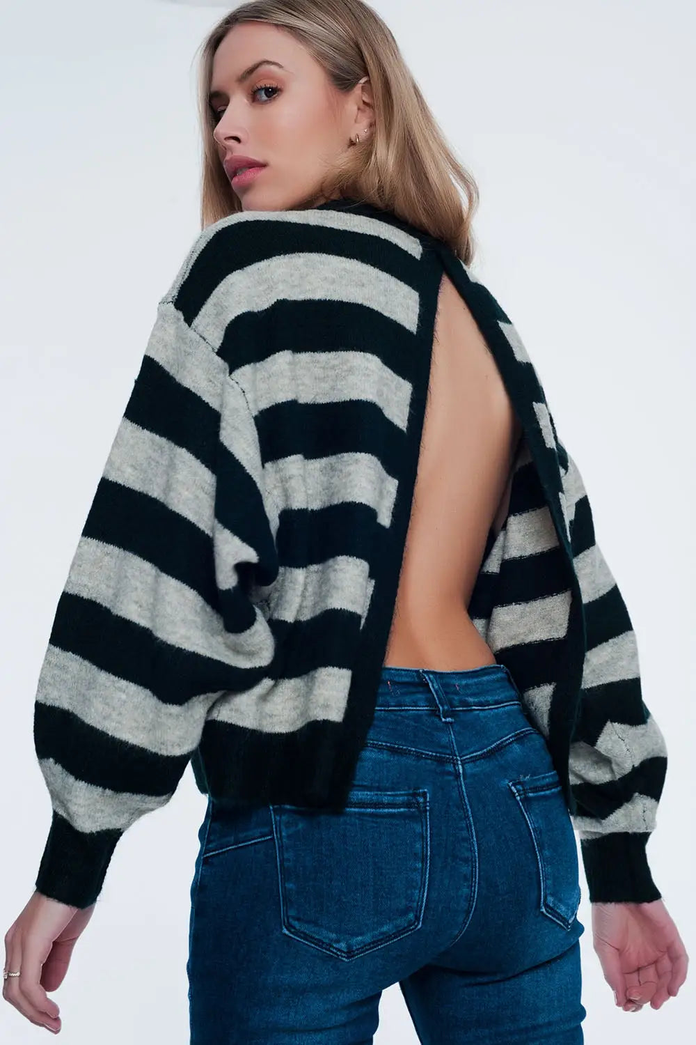 Green knitted sweater with grey stripes - Sweaters