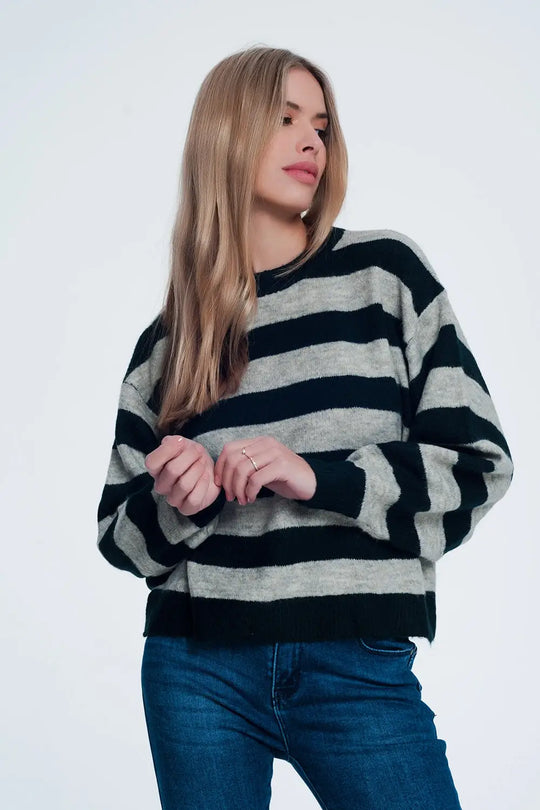 Green knitted sweater with grey stripes - Sweaters
