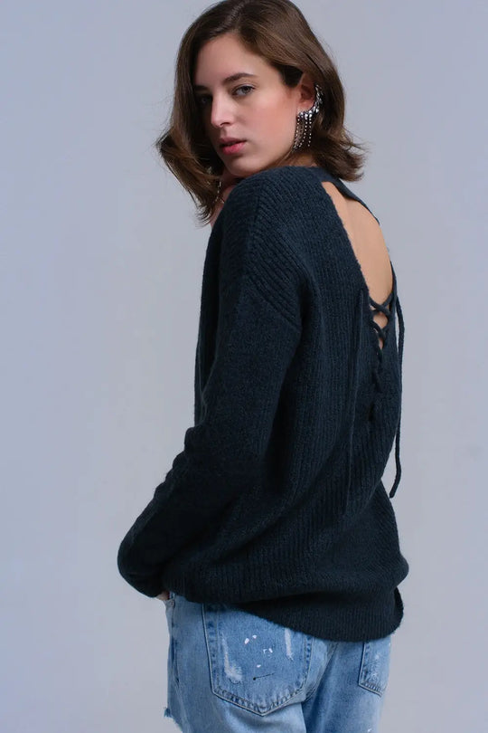 Green knitted sweater with tie-back closure - Sweaters