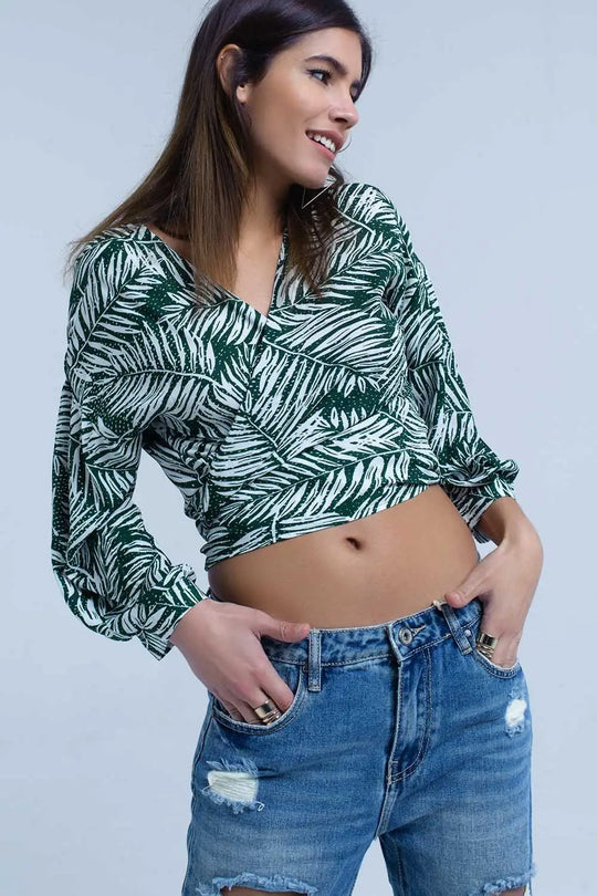 Green leaf print blouse with plunge neck - Shirts