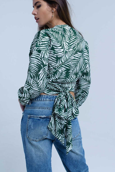 Green leaf print blouse with plunge neck