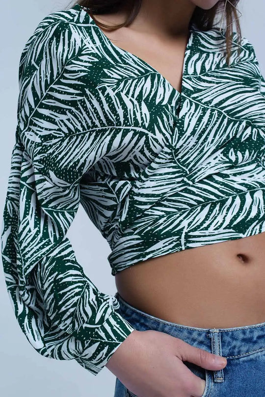 Green leaf print blouse with plunge neck - Shirts