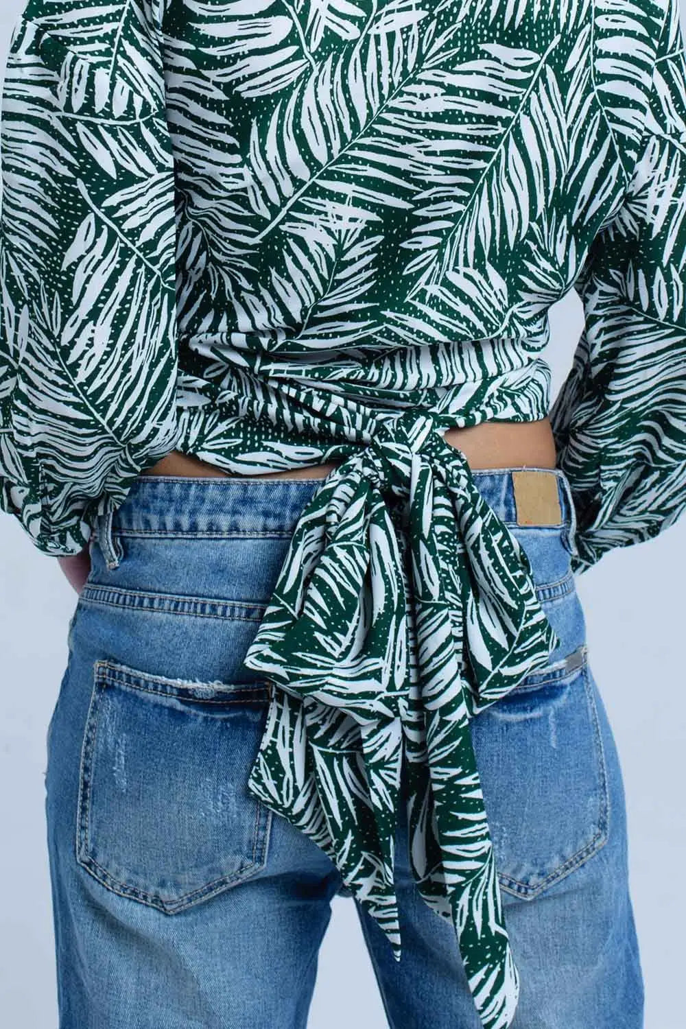 Green leaf print blouse with plunge neck - Shirts