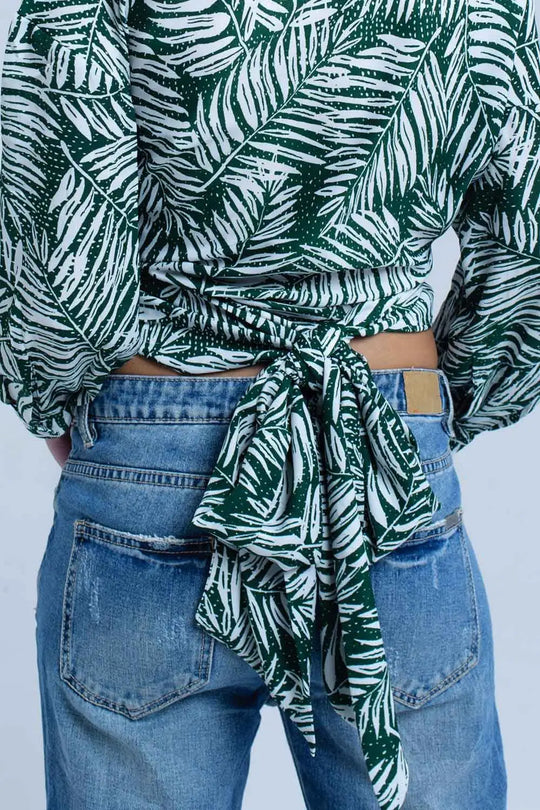 Green leaf print blouse with plunge neck - Shirts