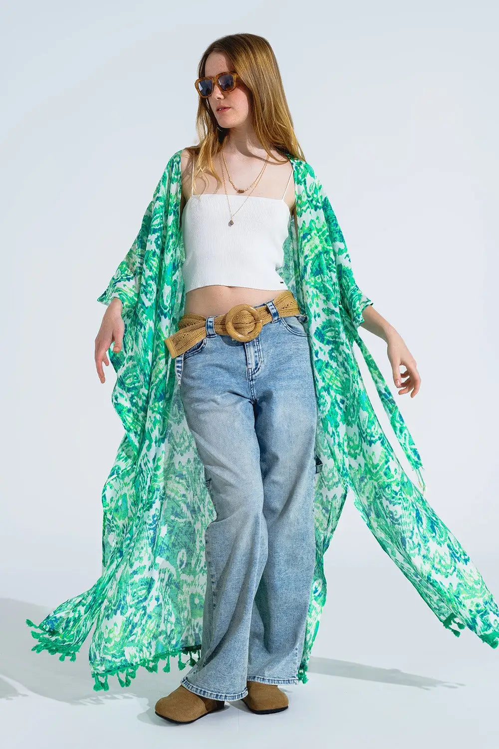 Green Long Kimono With Drawstring Closing in Tribal Print - One Size / Green - Dresses