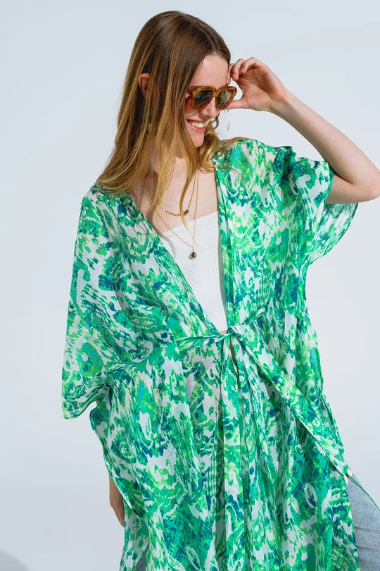 Green Long Kimono With Drawstring Closing in Tribal Print - One Size / Green - Dresses