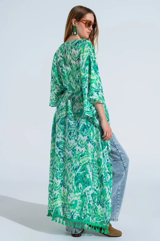 Green Long Kimono With Drawstring Closing in Tribal Print - One Size / Green - Dresses