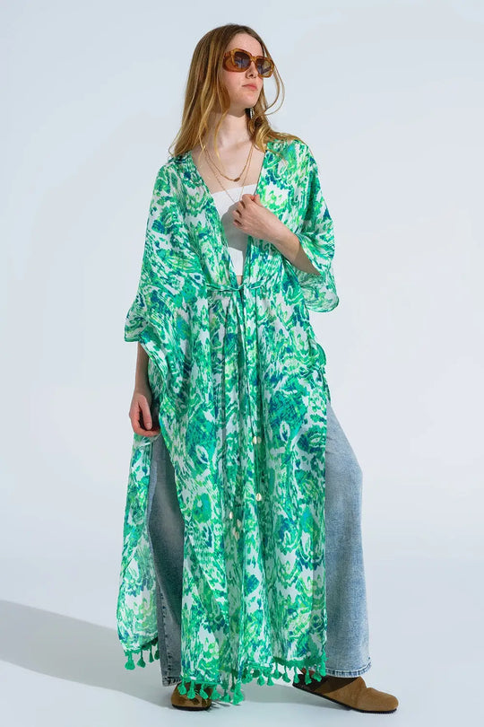 Green Long Kimono With Drawstring Closing in Tribal Print - One Size / Green - Dresses