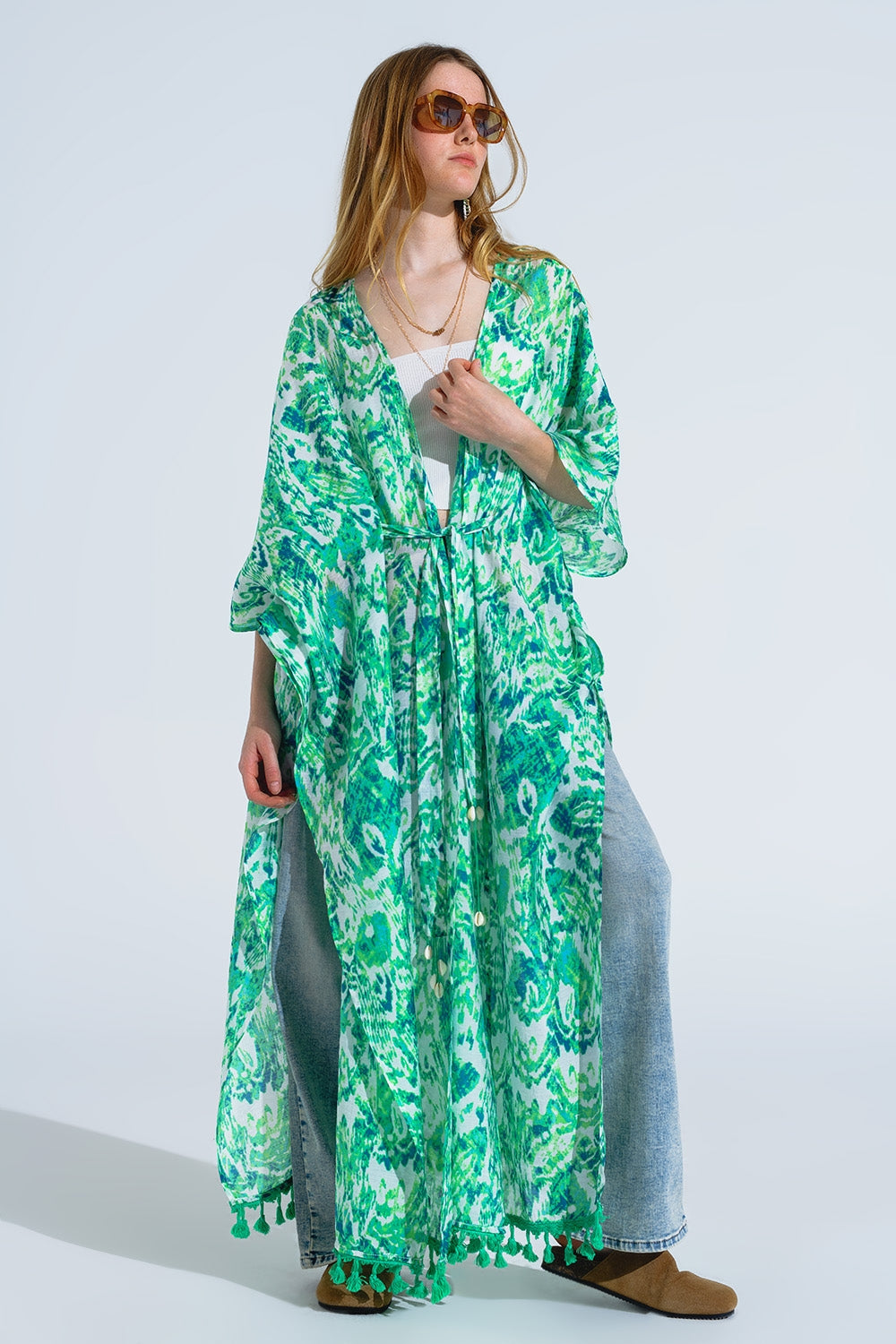 Green Long Kimono With Drawstring Closing in Tribal Print