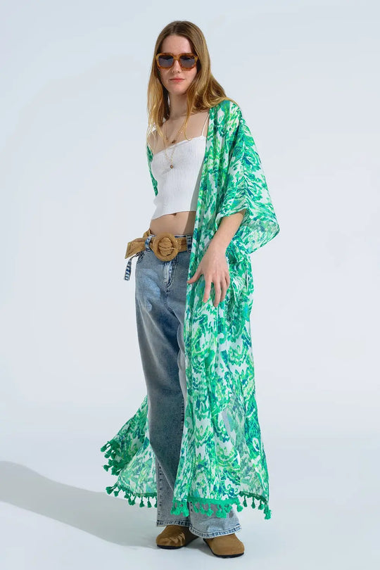 Green Long Kimono With Drawstring Closing in Tribal Print - One Size / Green - Dresses